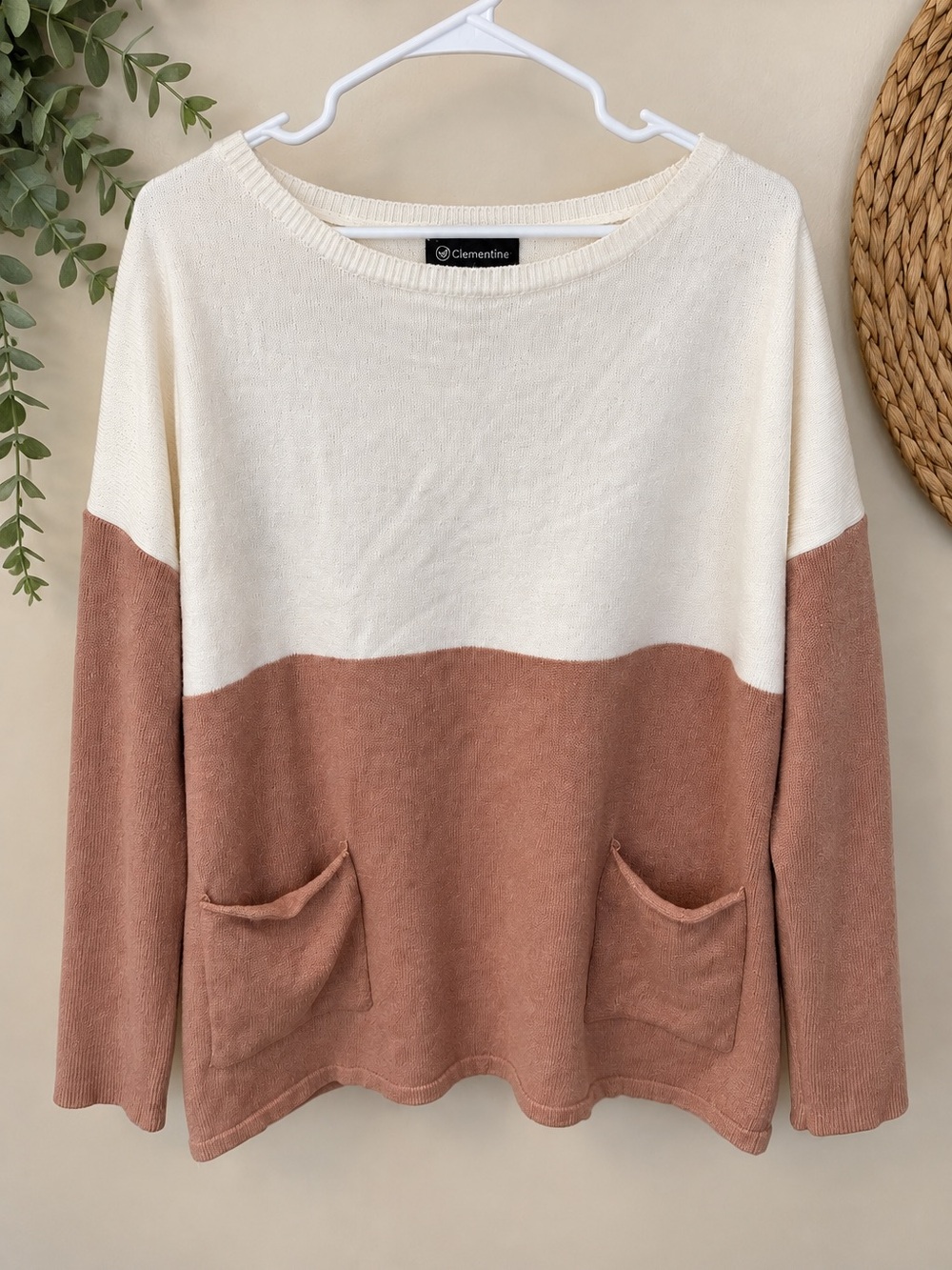 PrettyGarden Women’s XL Cream Tan Colorblock Pocket Sweater